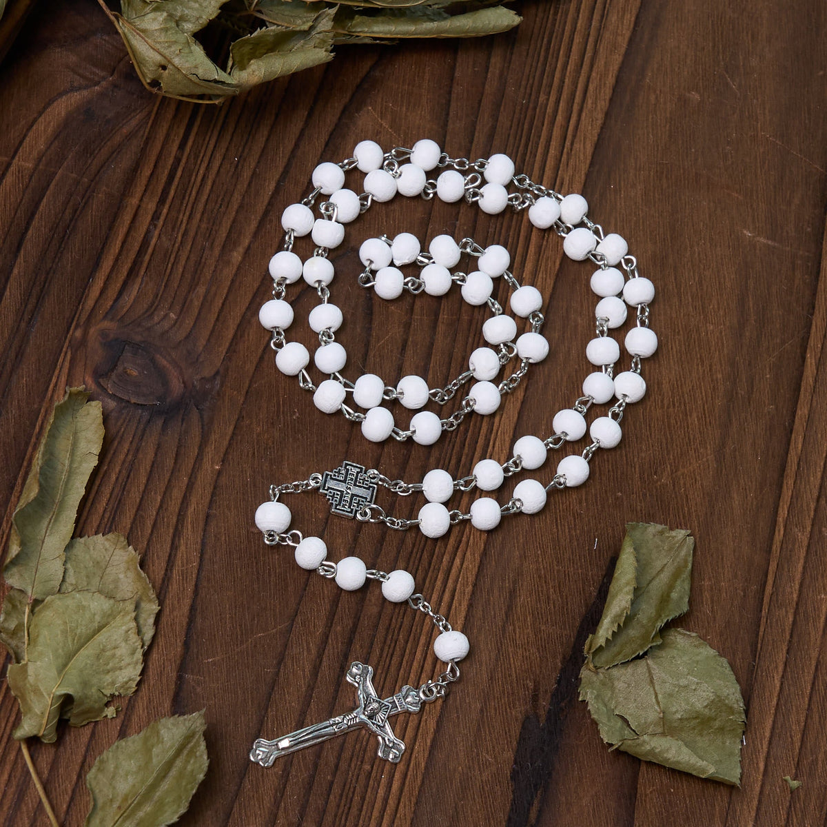 Jerusalem Medal & Crucifix of 7 mm Round White Rosewood Alloy Chain Rosary