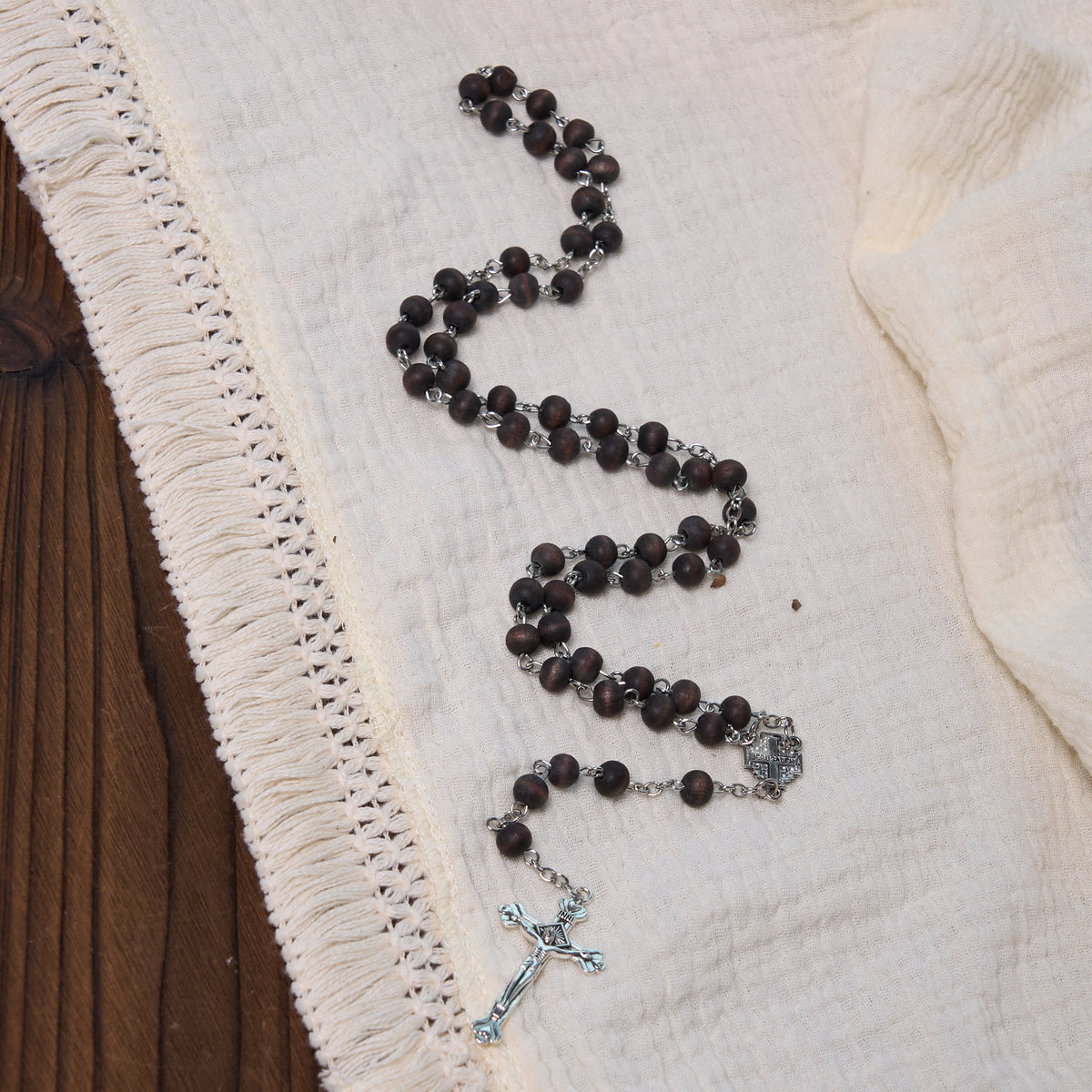 Jerusalem Medal & Crucifix of 7 mm Round White Rosewood Alloy Chain Rosary