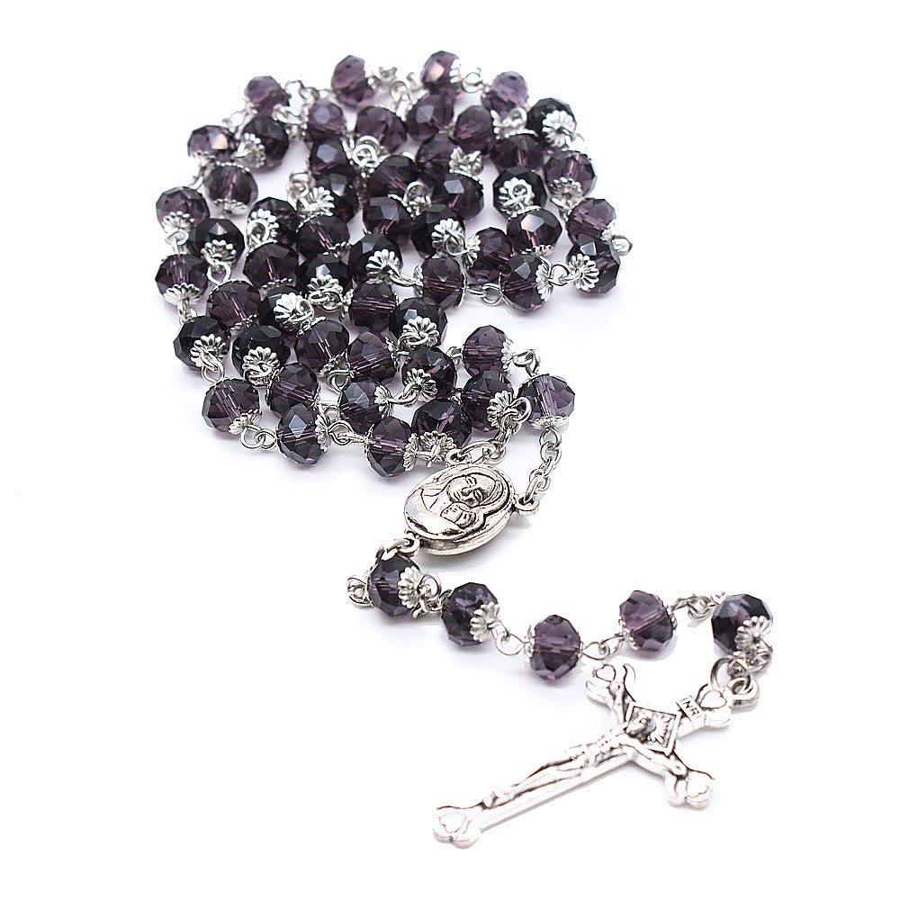 Madonna and Child & Crucifix of 6*8 mm Polyhedron Multicolor Glass Alloy Chain Rosary
