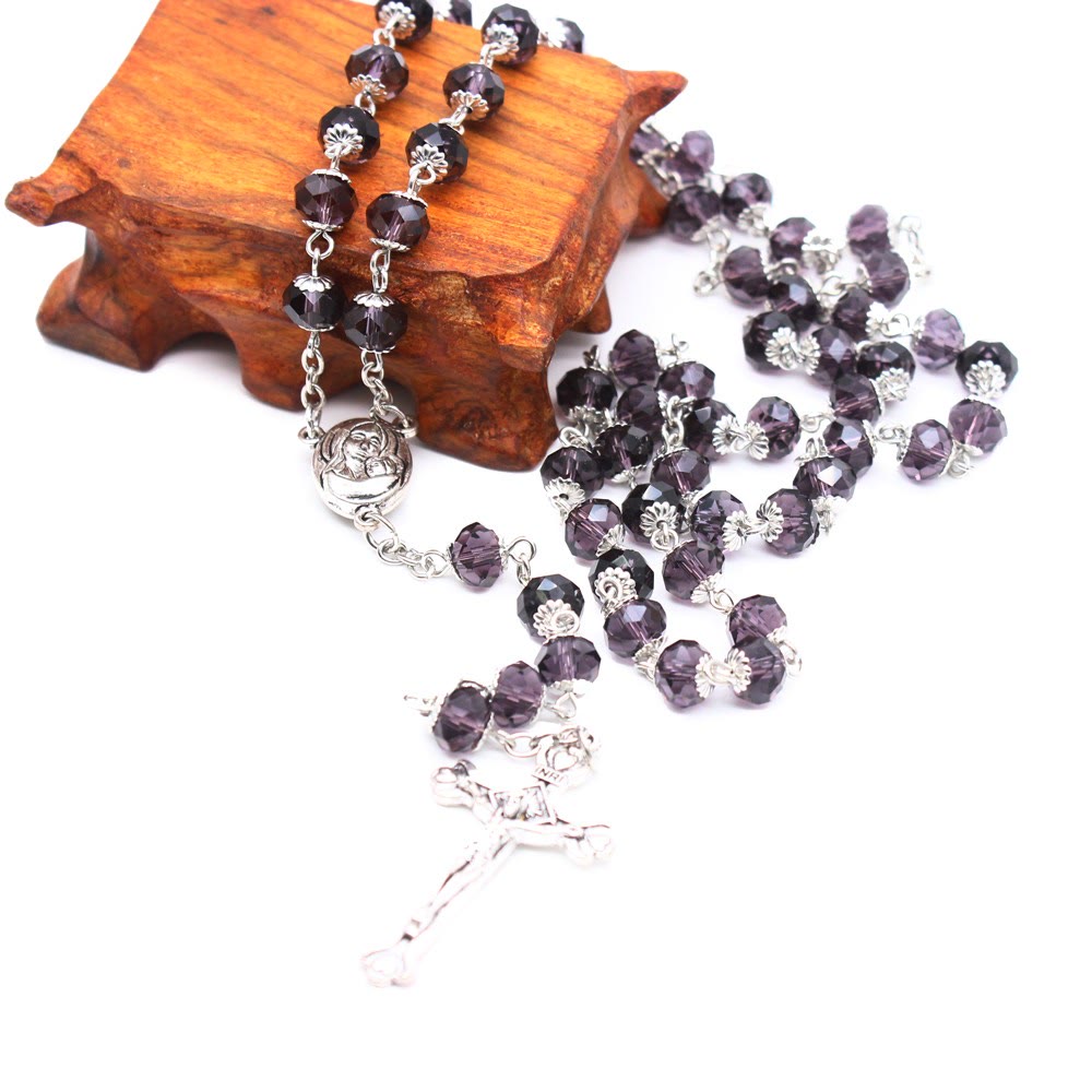 Madonna and Child & Crucifix of 6*8 mm Polyhedron Multicolor Glass Alloy Chain Rosary