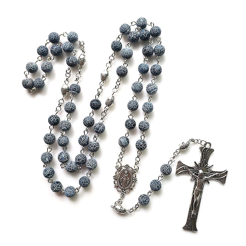 Miraculous Medal & Crucifix of 8 mm Round Blue Weathered Agate Alloy Chain Rosary