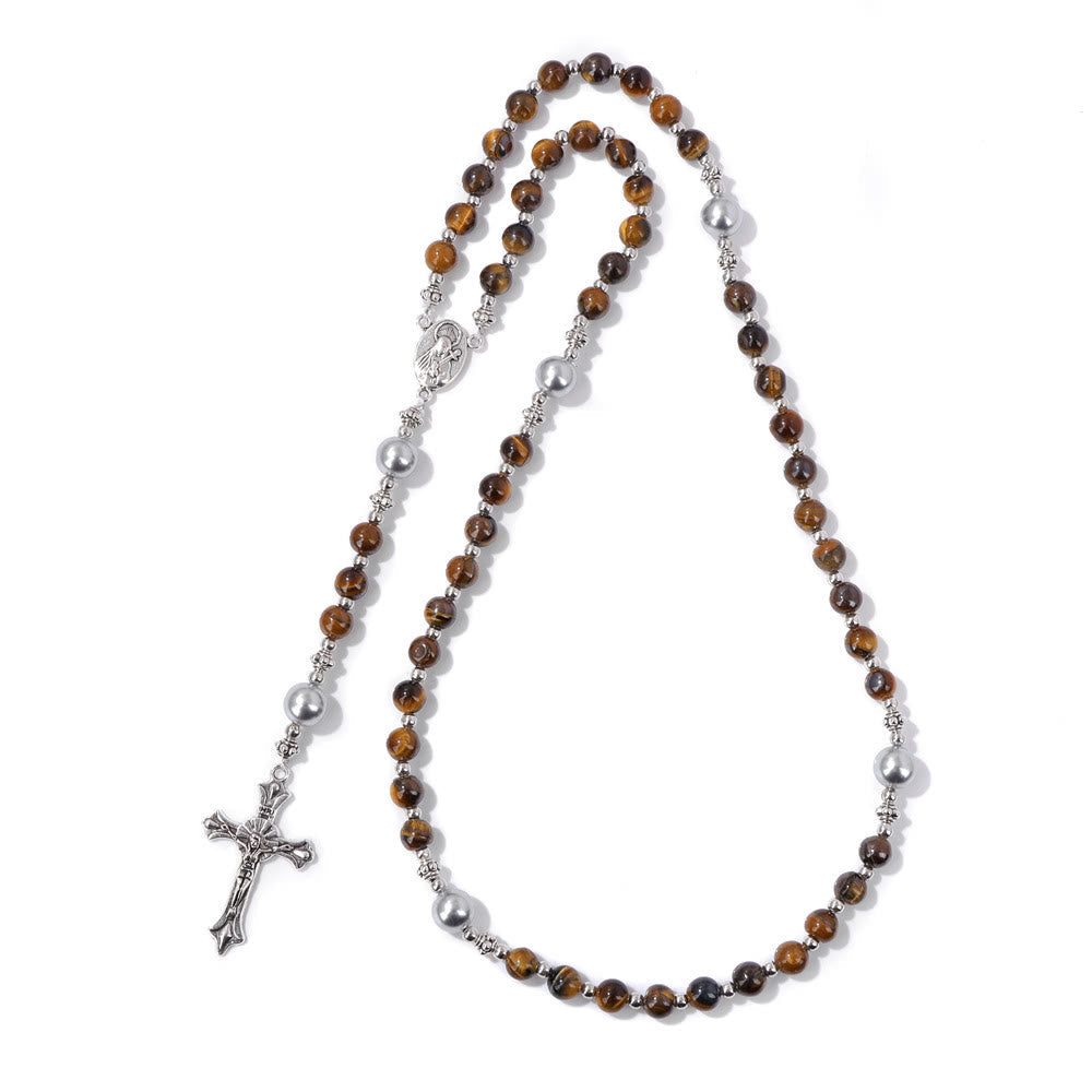 Natural Stone & Pearl Our Lady Medal Prayer Rosary