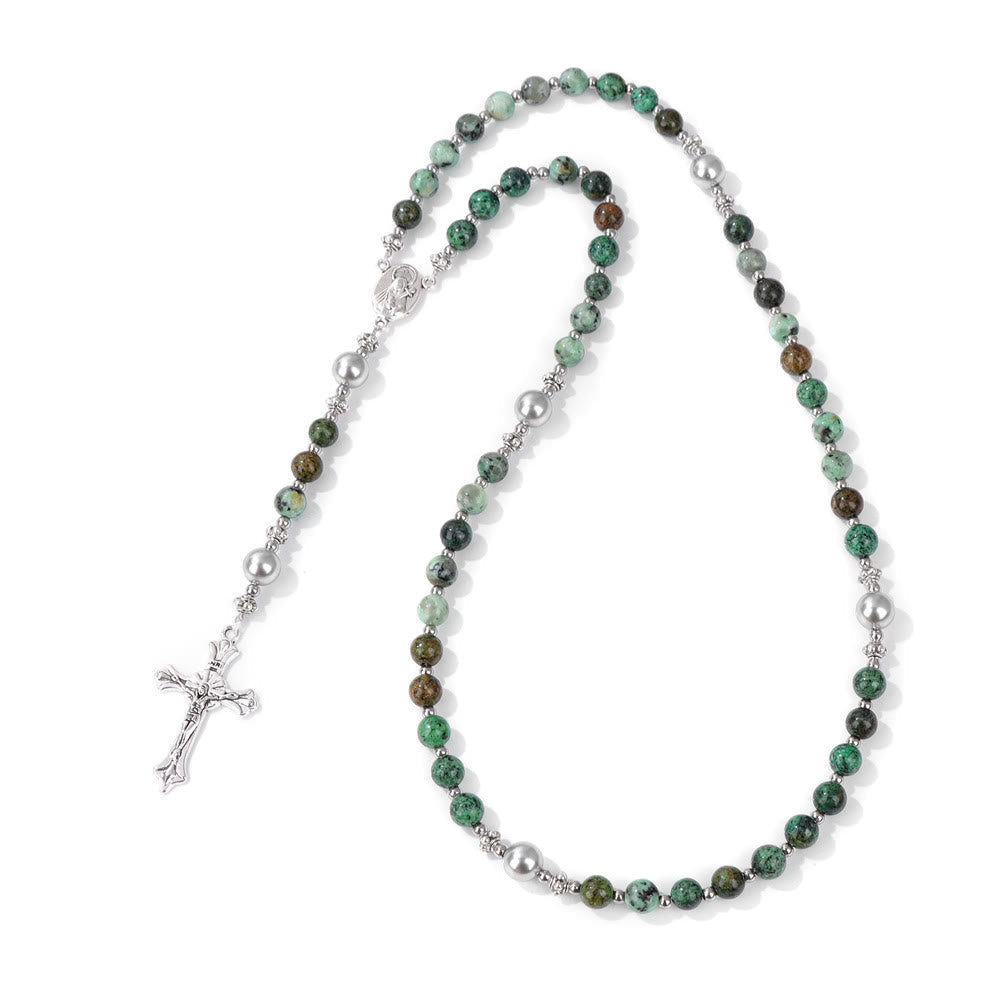 Natural Stone & Pearl Our Lady Medal Prayer Rosary