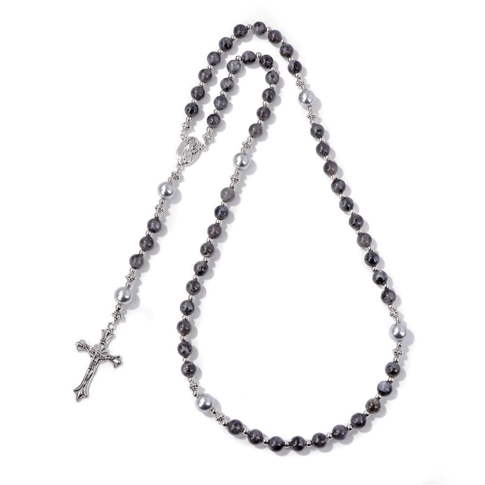Natural Stone & Pearl Our Lady Medal Prayer Rosary