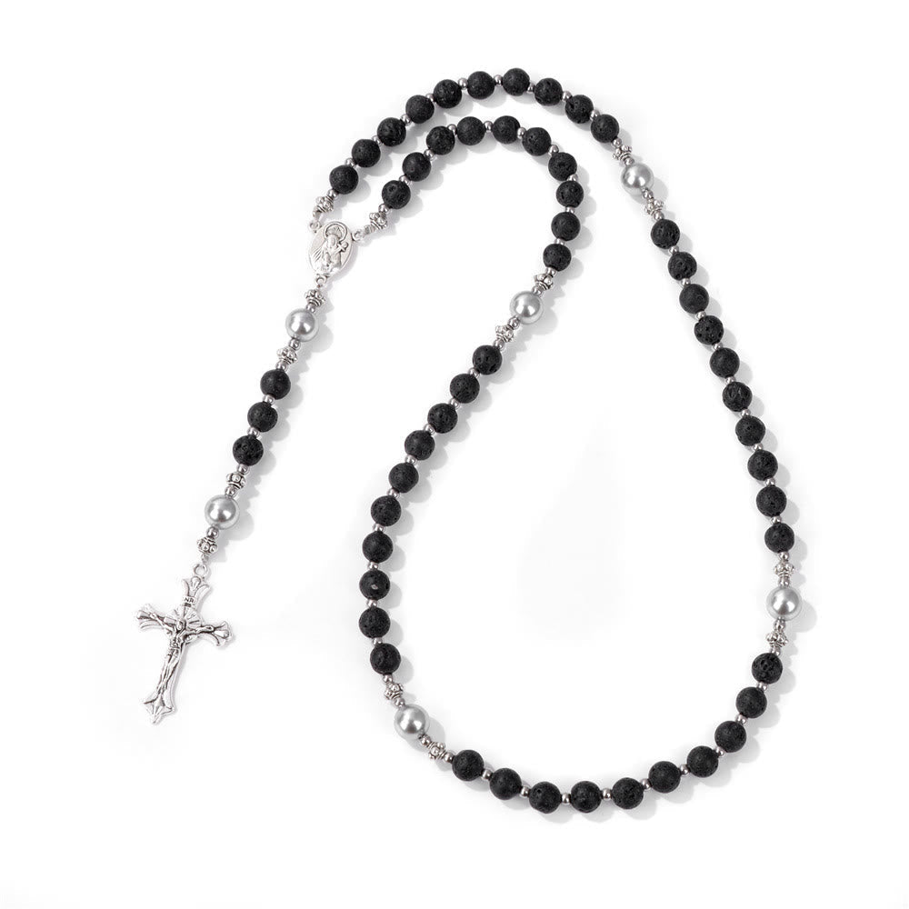 Natural Stone & Pearl Our Lady Medal Prayer Rosary