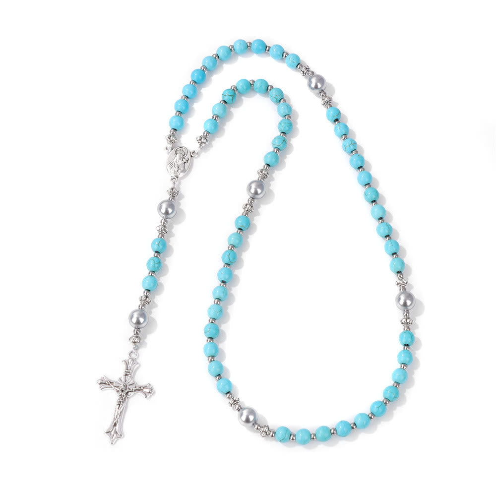 Natural Stone & Pearl Our Lady Medal Prayer Rosary