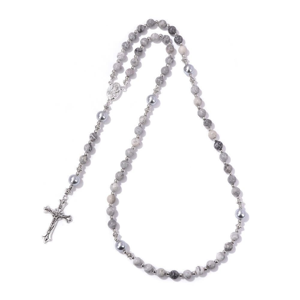 Natural Stone & Pearl Our Lady Medal Prayer Rosary