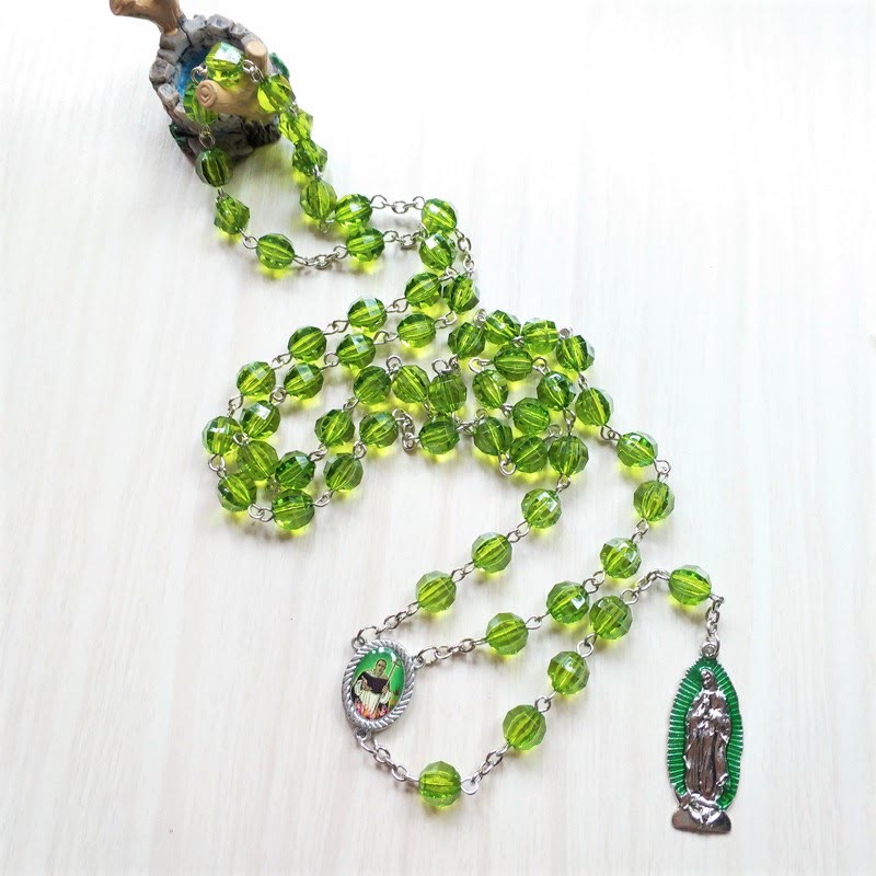 Saint Jude Thaddeus & Our Lady of Guadalupe of 8 mm Polyhedron Green Crystal Alloy Chain Rosary