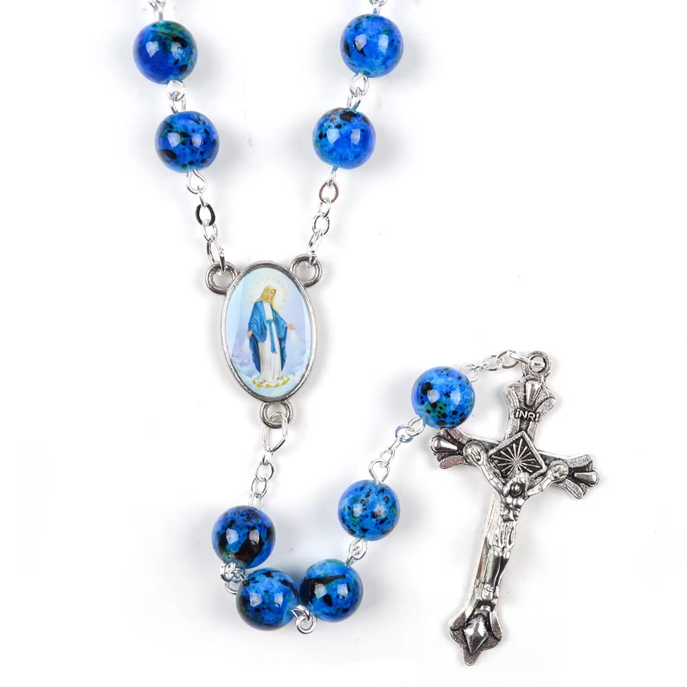 Assumption of Our Lady & Pardon Crucifix of 6 mm Round Blue Natural Stone Alloy Chain Rosary