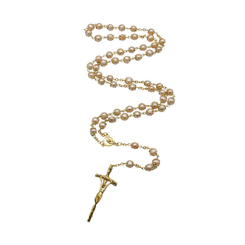 Virgin Mary & Crucifix of 7*8 mm Round Champagne Pearl Alloy Chain Rosary