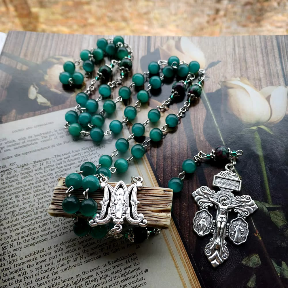 Miraculous Medal & St. Benedict Medal & Crucifix of 8 mm Round Green Cat's Eye Stone Alloy Chain Rosary