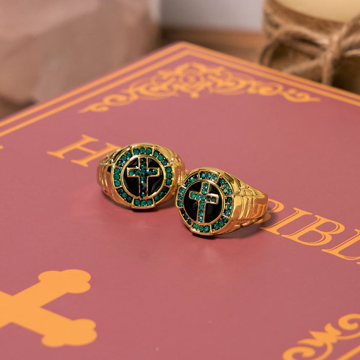 Retro Style Green Gemstones Cross Golden Alloy Ring