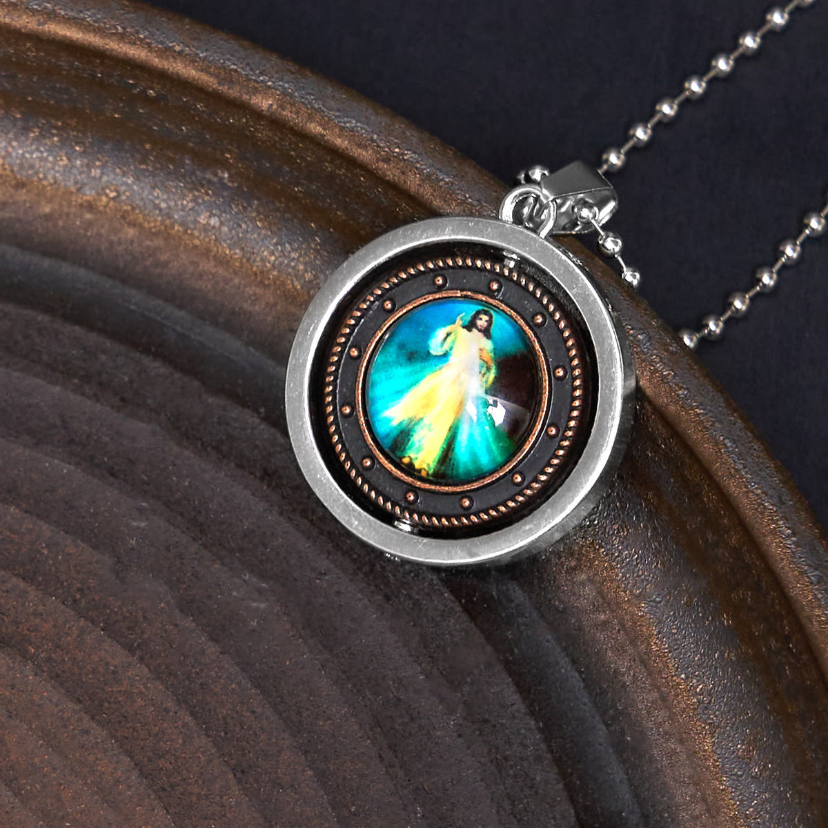 Retro Style Jesus St. Benendict Vrigin Mary Icon Rotating Pendant Necklace