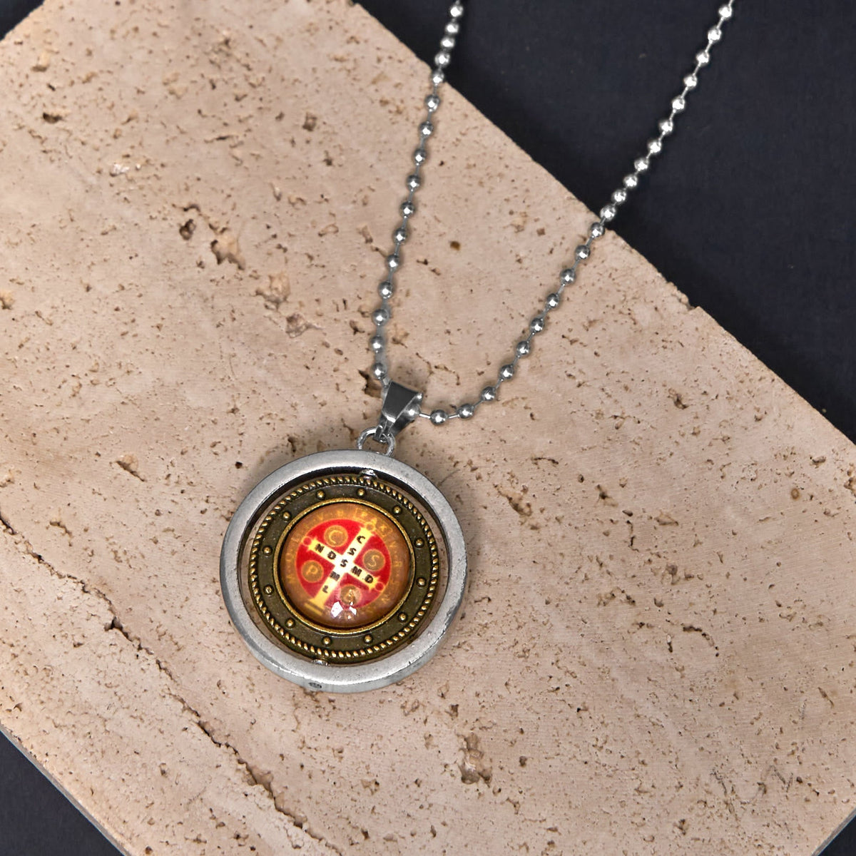 Retro Style Jesus St. Benendict Vrigin Mary Icon Rotating Pendant Necklace