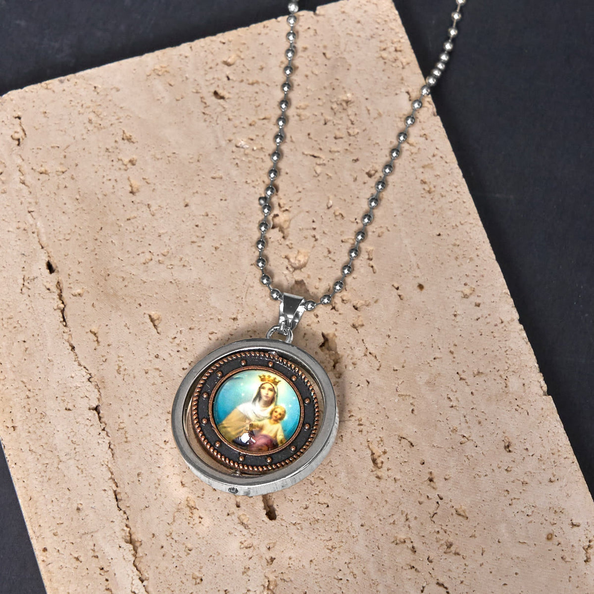 Retro Style Jesus St. Benendict Vrigin Mary Icon Rotating Pendant Necklace