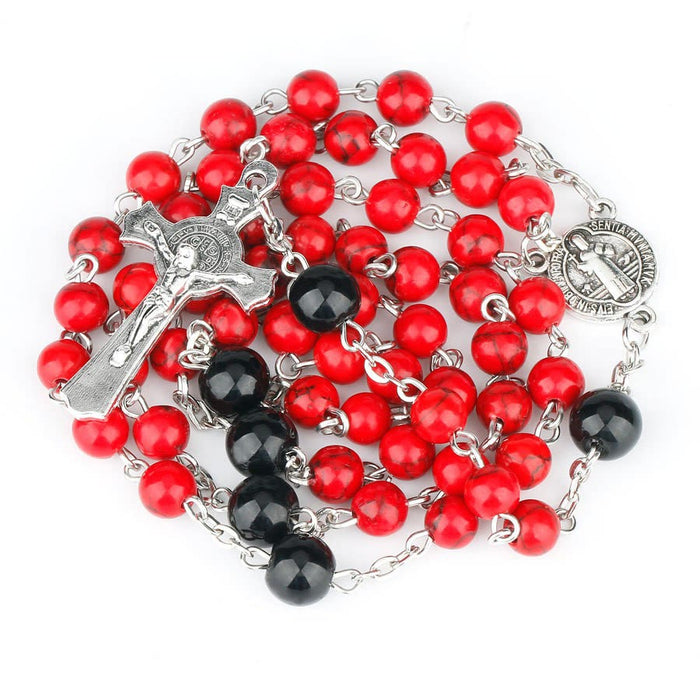 St. Benedict Medal & Crucifix of 6mm Round Red Turquoise Alloy Chain Rosary
