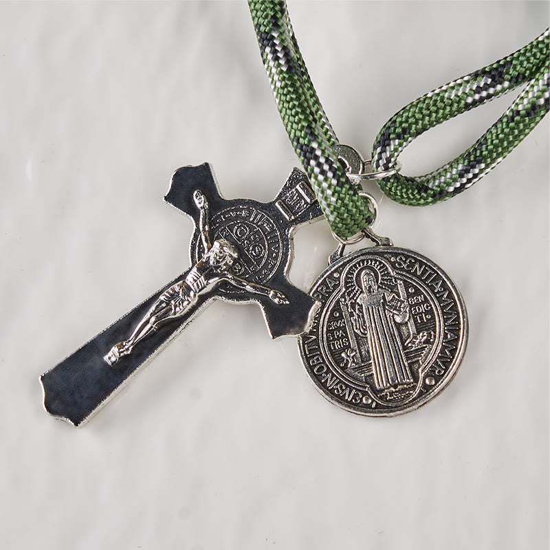 St. Benedict Medal & Crucifix of 10 mm Round Black Wood Green Paracord Pocket Rosary