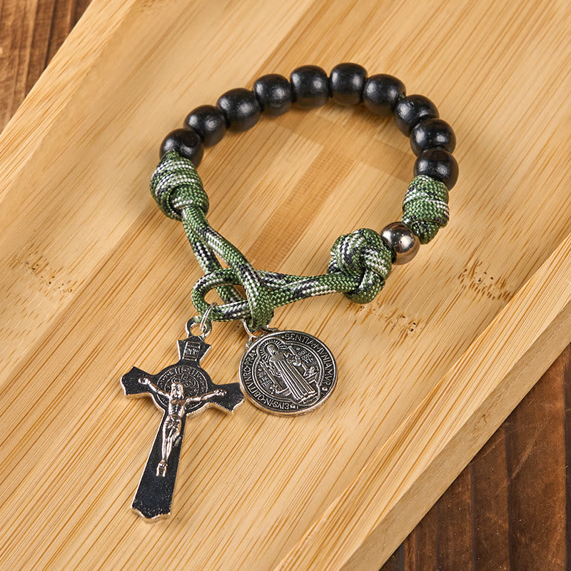 St. Benedict Medal & Crucifix of 10 mm Round Black Wood Green Paracord Pocket Rosary