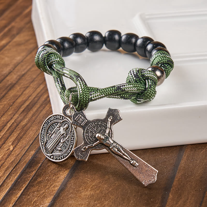 St. Benedict Medal & Crucifix of 10 mm Round Black Wood Green Paracord Pocket Rosary
