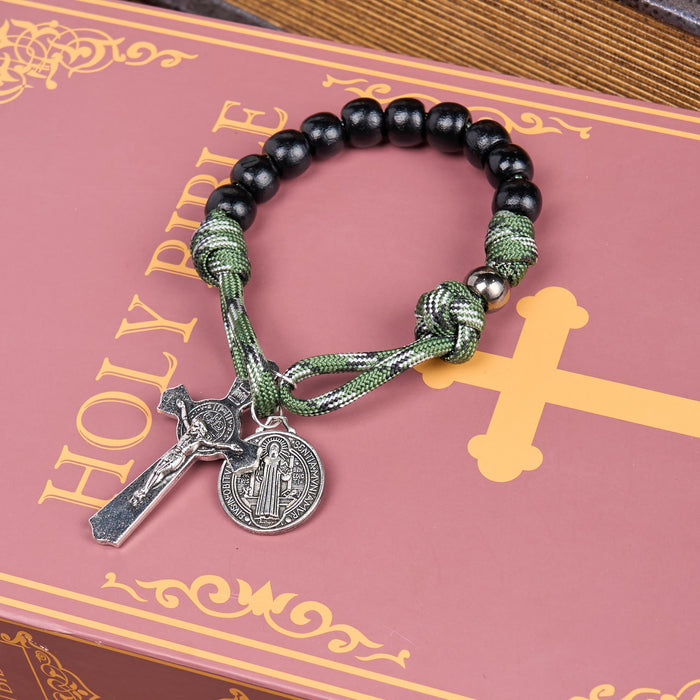 St. Benedict Medal & Crucifix of 10 mm Round Black Wood Green Paracord Pocket Rosary