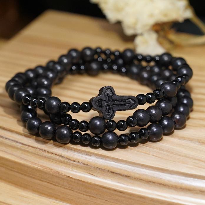Crucifix of 6*8 mm Round Black Sandalwood Nylon Cord Rosary
