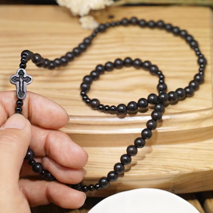 Crucifix of 6*8 mm Round Black Sandalwood Nylon Cord Rosary