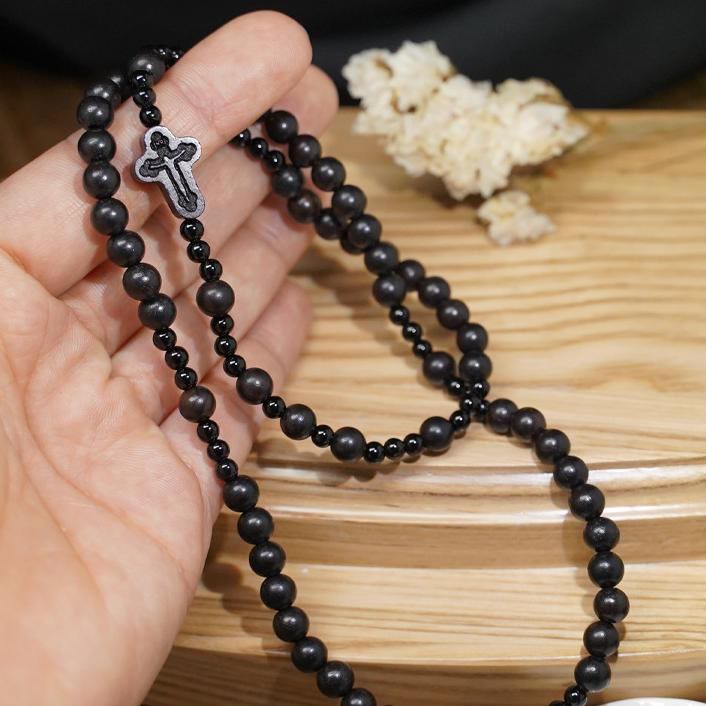 Crucifix of 6*8 mm Round Black Sandalwood Nylon Cord Rosary