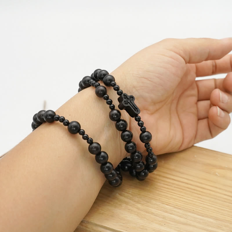 Crucifix of 6*8 mm Round Black Sandalwood Nylon Cord Rosary