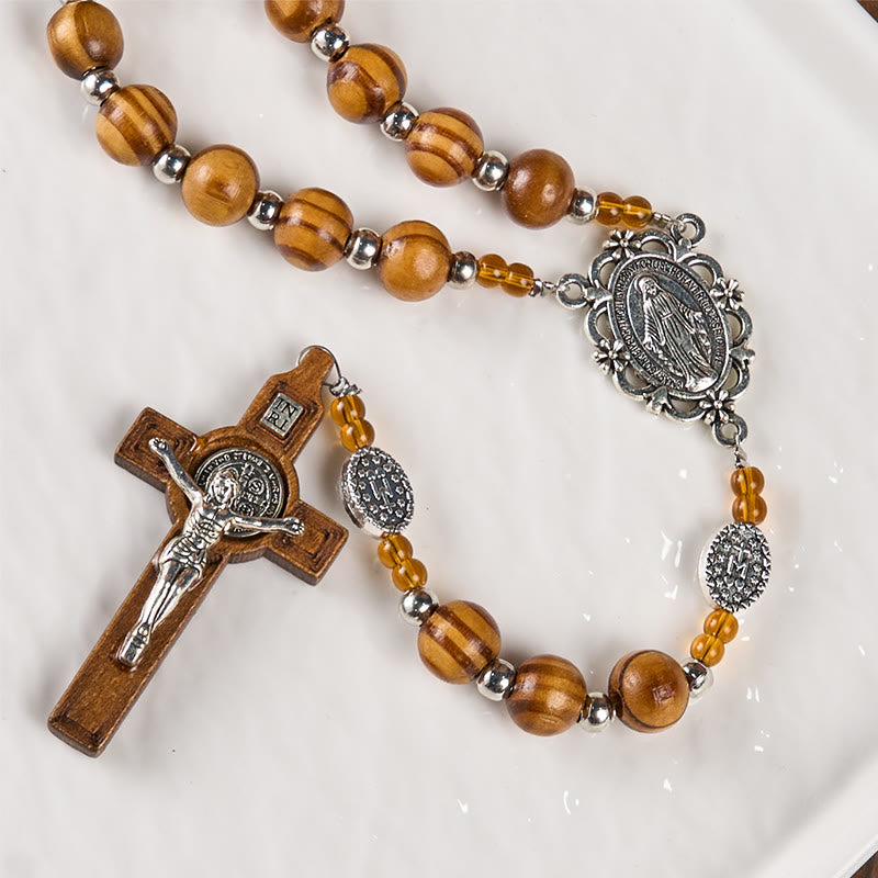 Miraculous Medal & Crucifix of 8 mm Round Brown Wood Nylon Cord Rosary