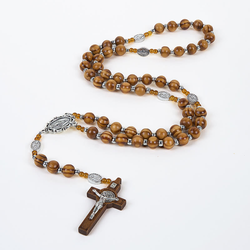 Miraculous Medal & Crucifix of 8 mm Round Brown Wood Nylon Cord Rosary