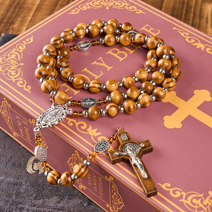 Miraculous Medal & Crucifix of 8 mm Round Brown Wood Nylon Cord Rosary