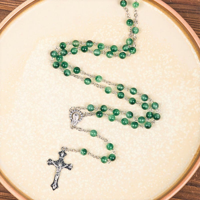 Our Lady of Rosary & Crucifix of 6mm Round Green Agate Alloy Chain Rosary