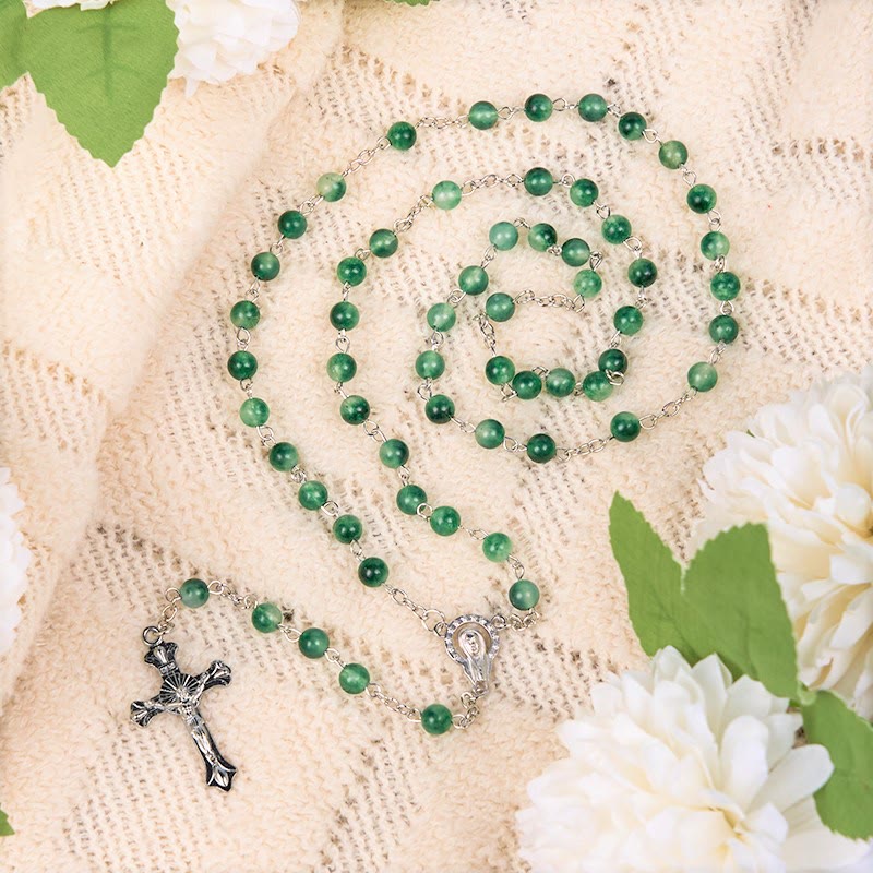 Our Lady of Rosary & Crucifix of 6mm Round Green Agate Alloy Chain Rosary