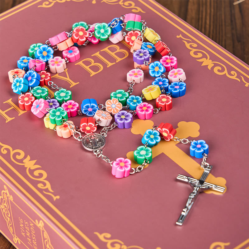 St. Benedict Medal & Crucifix of 8 mm Flower Multicolor Polymer Clay Alloy Chain Rosary