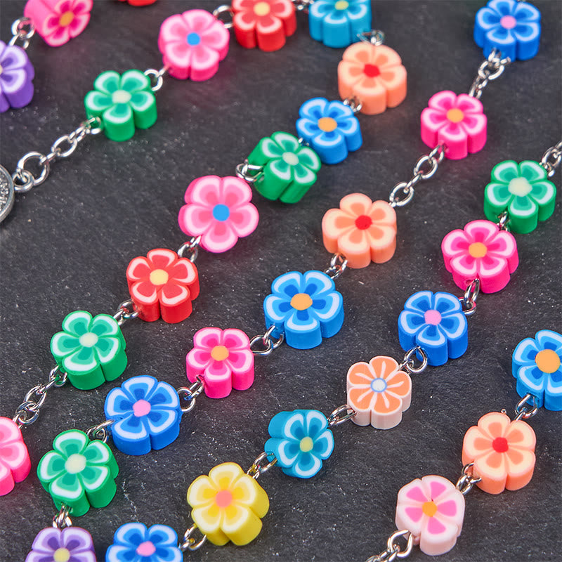St. Benedict Medal & Crucifix of 8 mm Flower Multicolor Polymer Clay Alloy Chain Rosary