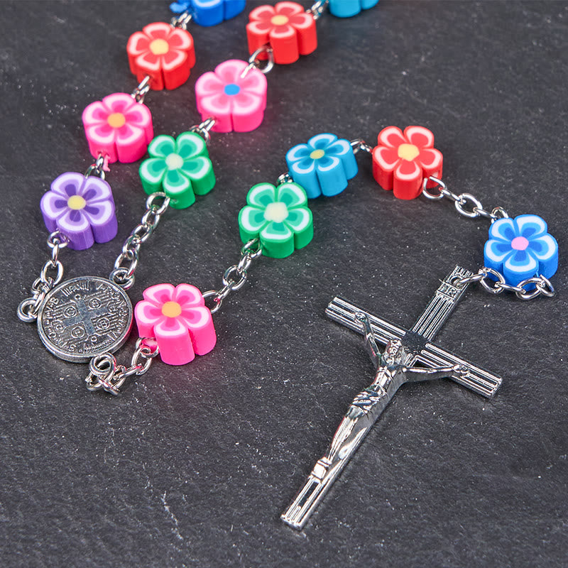 St. Benedict Medal & Crucifix of 8 mm Flower Multicolor Polymer Clay Alloy Chain Rosary