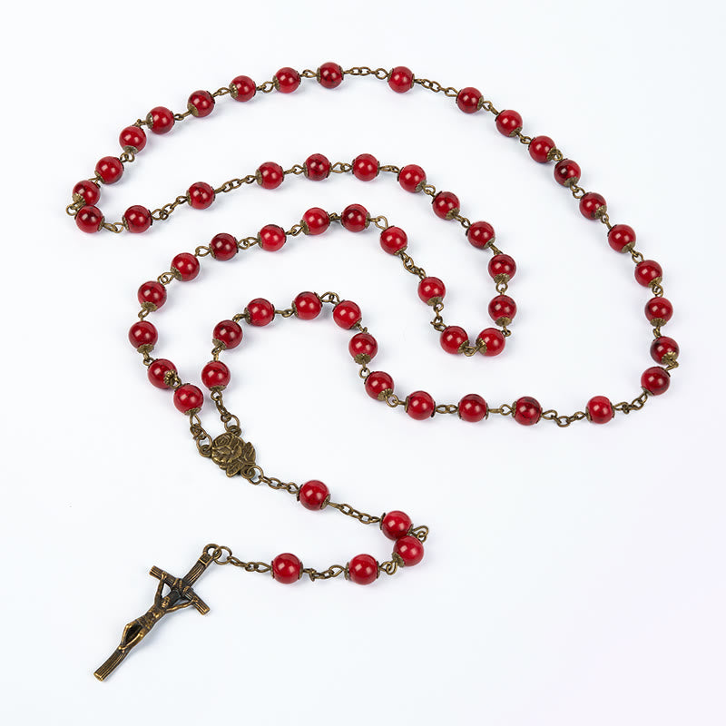 Rose & Crucifix of 8 mm Round Red Natural Stone Alloy Chain Rosary