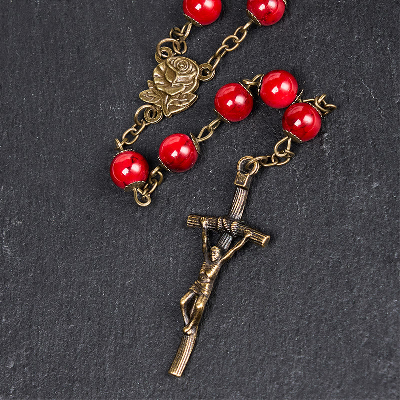 Rose & Crucifix of 8 mm Round Red Natural Stone Alloy Chain Rosary