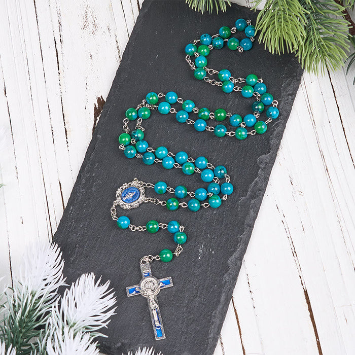 Miraculous Medal & Crucifix of 8 mm Round Green Blue Stone Alloy Chain Rosary