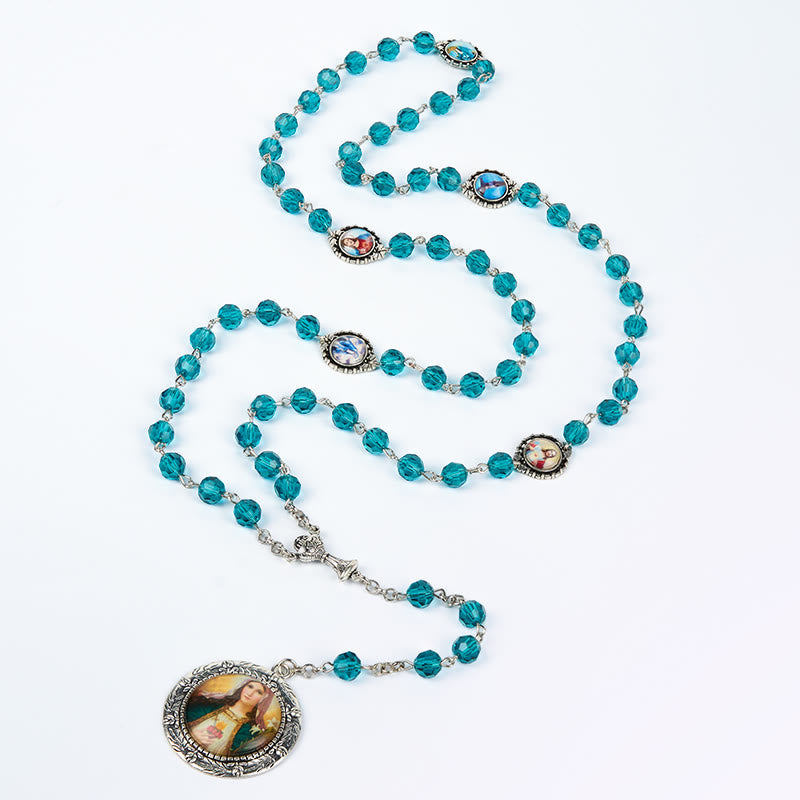 Sacred Heart of Jesus & Immaculate Heart of Mary of 8 mm Polyhedron Blue Glass Alloy Chain Rosary
