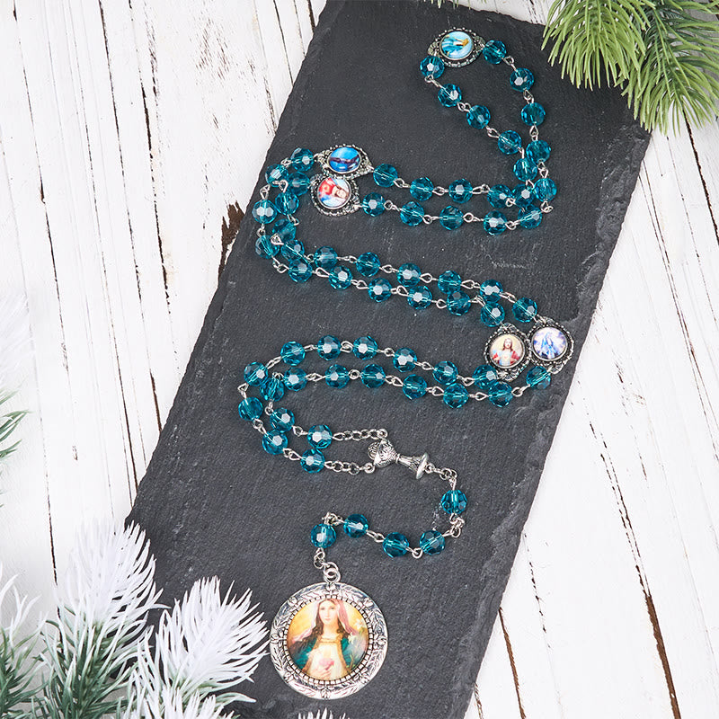 Sacred Heart of Jesus & Immaculate Heart of Mary of 8 mm Polyhedron Blue Glass Alloy Chain Rosary