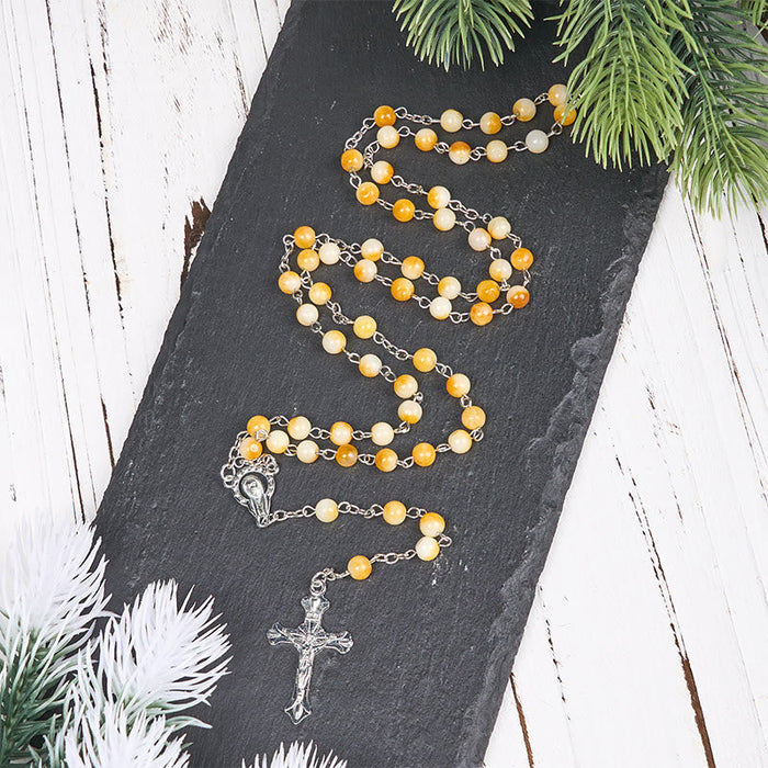 Virgin Mary & Crucifix of 8 mm Round Yellow Agate Alloy Chain Rosary