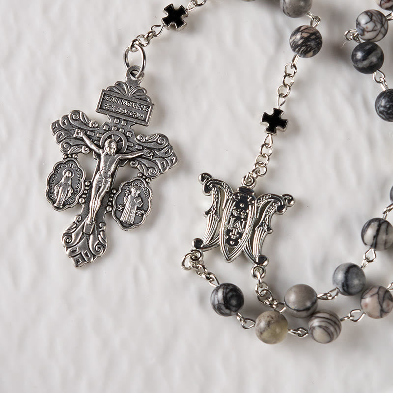 Miraculous Medal & Crucifix Of 8 Mm Round Camouflage Gray Natural Stone Alloy Chain Rosary