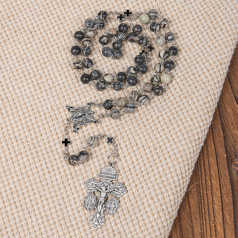 Miraculous Medal & Crucifix Of 8 Mm Round Camouflage Gray Natural Stone Alloy Chain Rosary