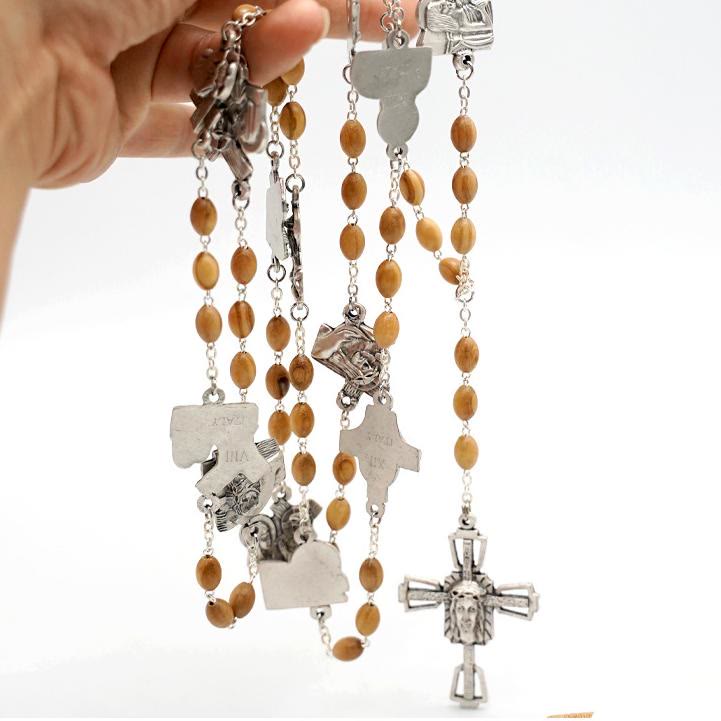 Via Crucis 14 Stations of the Cross Oval Mother of Pearl/Olive Wood Alloy Chain Rosary