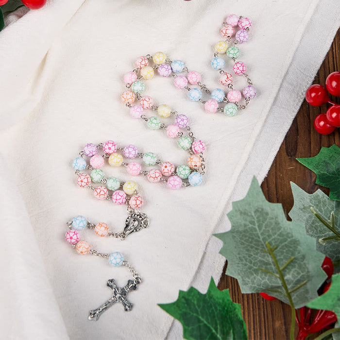 Virgin Mary & Crucifix of 8 mm Round Multicolor Polymer Clay Alloy Chain Rosary