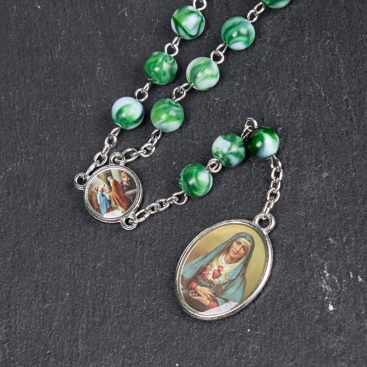 Seven Sorrow of 8 mm Round Blue/Green Acrylic Alloy Chain Rosary