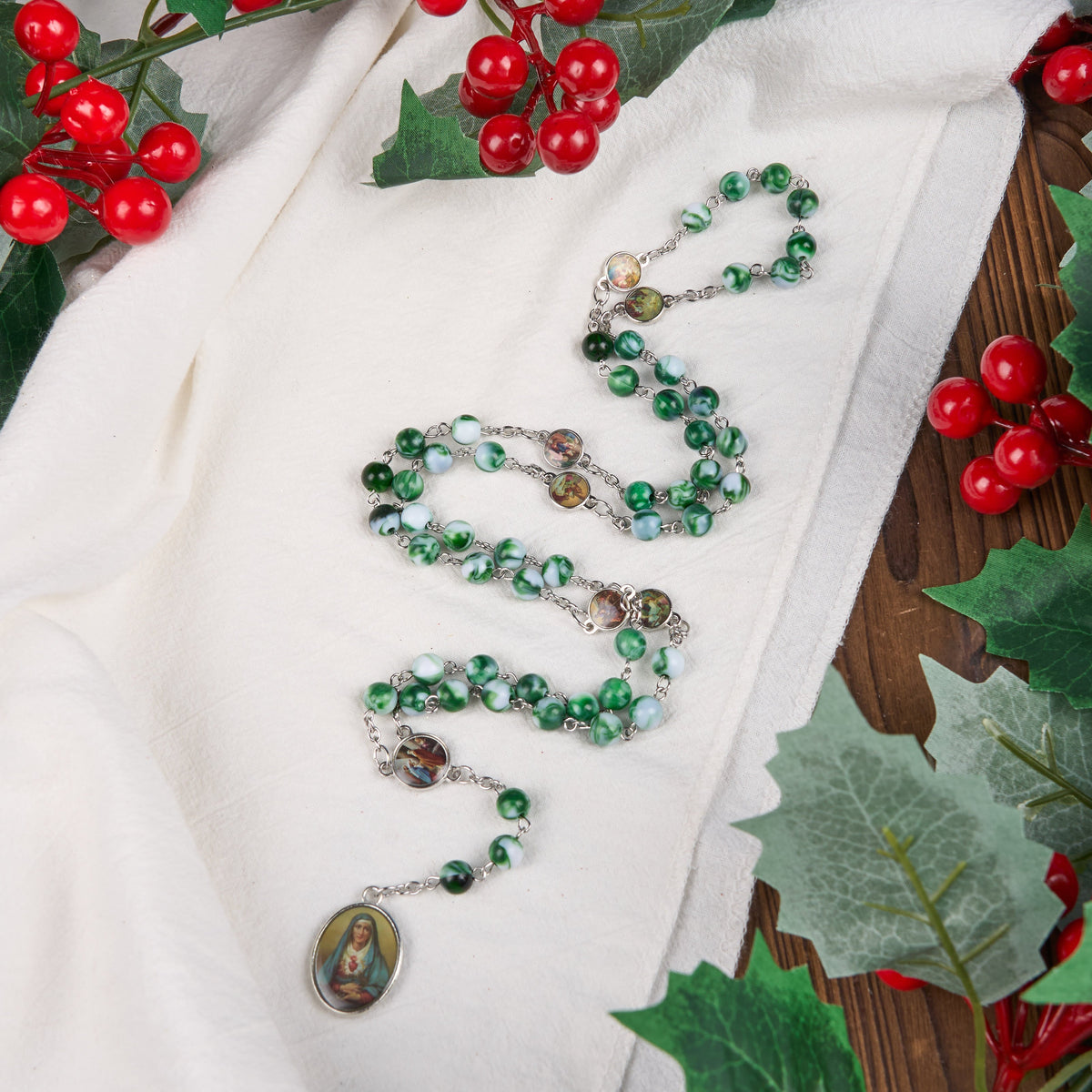 Seven Sorrow of 8 mm Round Blue/Green Acrylic Alloy Chain Rosary