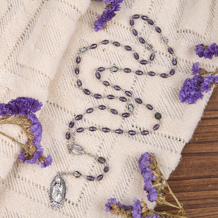 Miraculous Medal & Our Lady of Guadalupe of 6*8mm Oval Purple Crystal Alloy Chain Rosary
