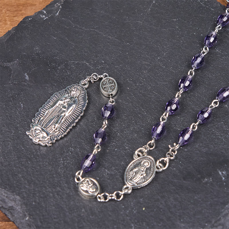 Miraculous Medal & Our Lady of Guadalupe of 6*8mm Oval Purple Crystal Alloy Chain Rosary